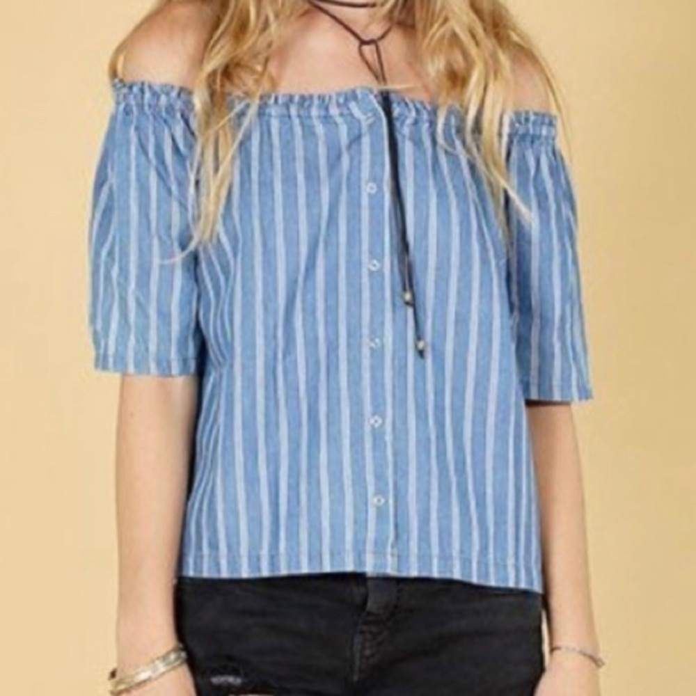 Knot sisters• boho classic “Bushwick” cotton stripe off shoulder chambray small